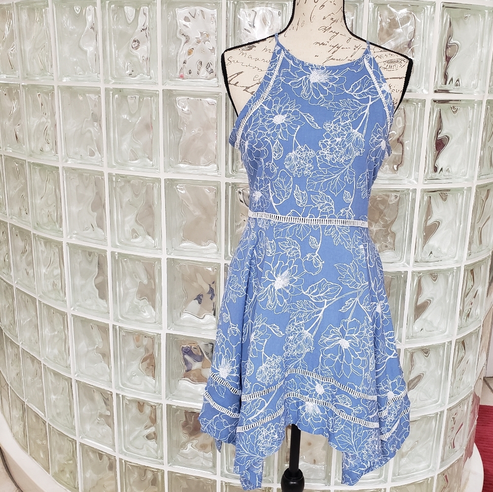 Bahama Mama Blue Floral Sleeveless Handkerchief Dress Sz Medium Out of Stock